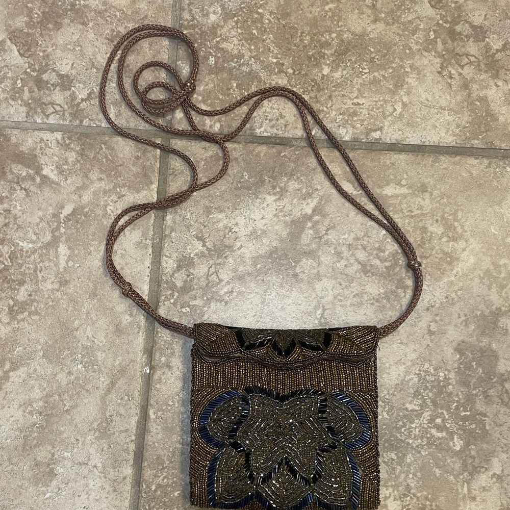 Elegant Brown Beaded Crossbody Bag